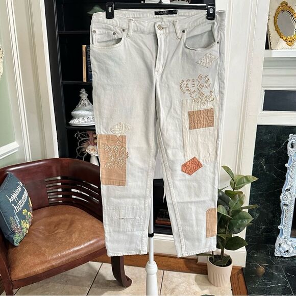 Lauren Ralph Lauren Patchwork Relaxed Tapered Ankle Jeans in Cream - Picture 1 of 12